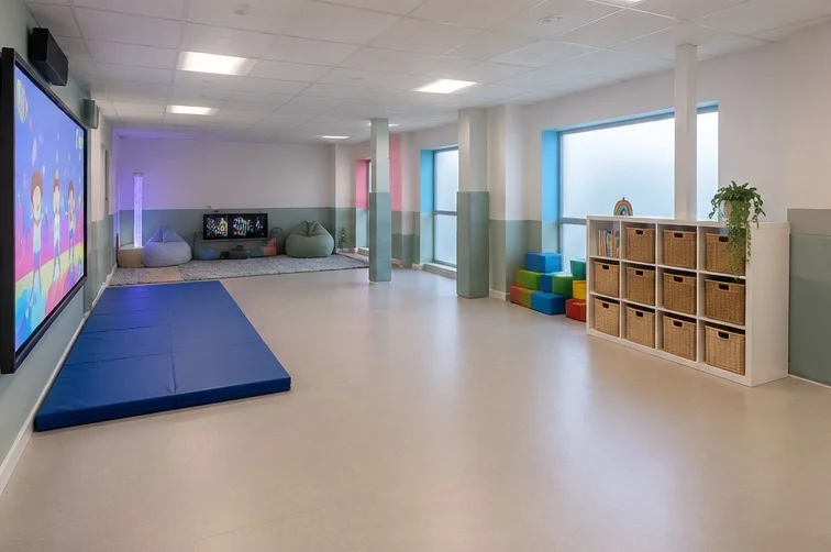 Our main play room, with blue floor mats, a large wall screen, basket shelving, soft play blocks and a beanbag corner