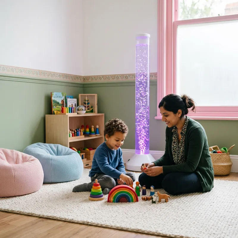 A child playing in a sand tray alongside a play therapist in our sensory corner