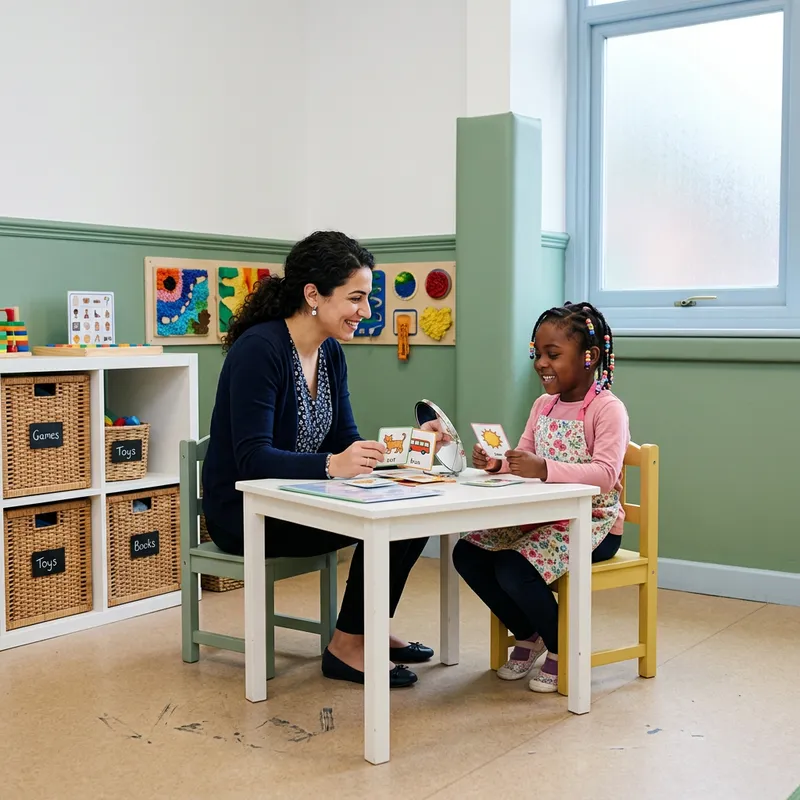 A speech therapist using picture cards with a young child on a mat in our centre