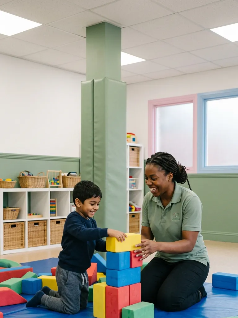 A play worker stacking colourful soft play blocks with a smiling young boy on a blue mat in our centre